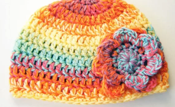 Bright Rainbow Stripe Flower Hat - Toddler Size - Acrylic