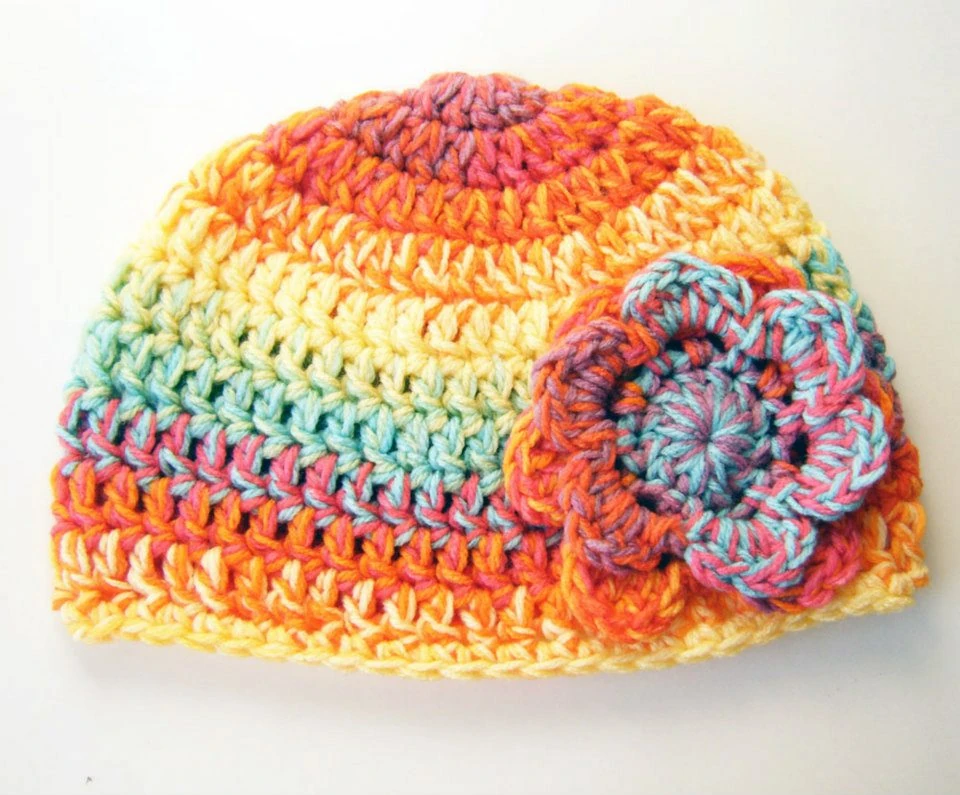 Bright Rainbow Stripe Flower Hat - Toddler Size - Acrylic