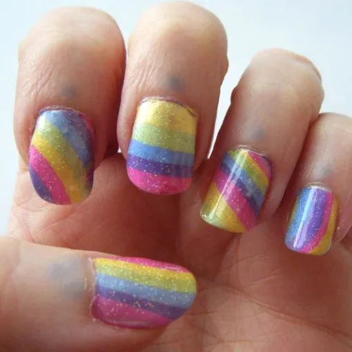 Pastel Rainbow Stripe Water Marble Manicure