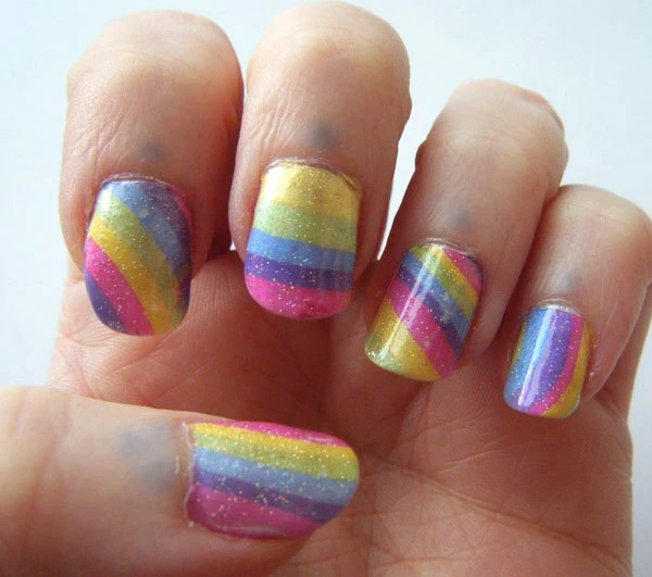 Pastel Rainbow Stripe Water Marble Manicure