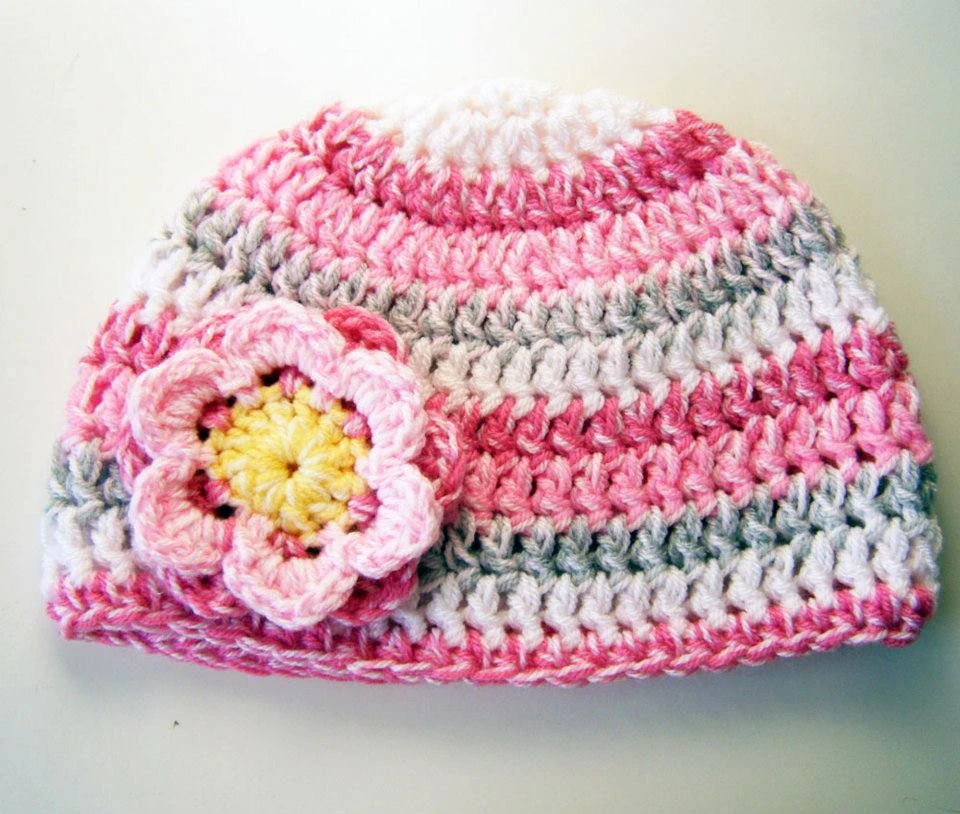 Pink Grey Stripe Flower Hat - TeenAdult Size - Acrylic