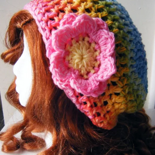Pink Rainbow Stripe Blend Flower Slouch Hat -TeenAdult Size