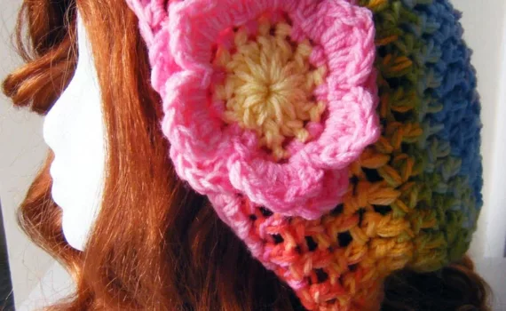 Pink Rainbow Stripe Blend Flower Slouch Hat -TeenAdult Size